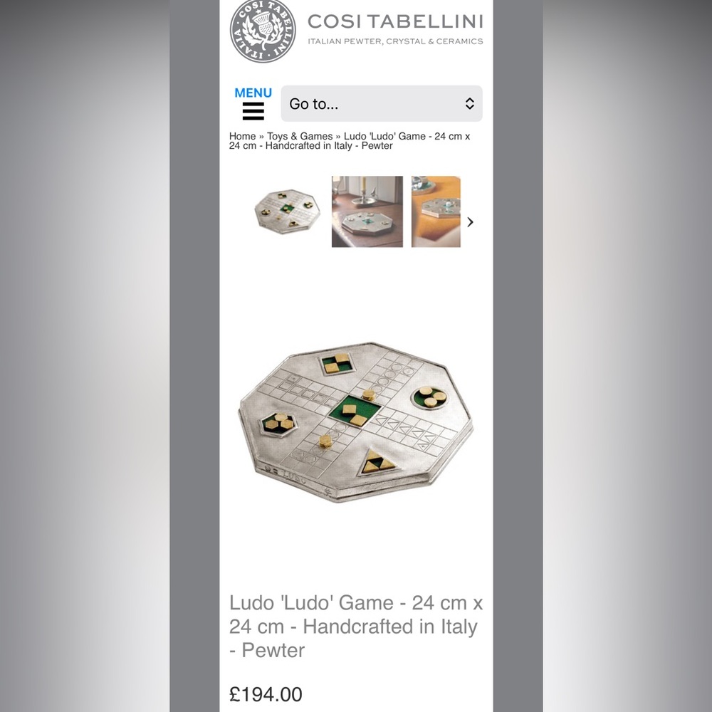 Pewter Ludo Cosi Tabellini Game Set